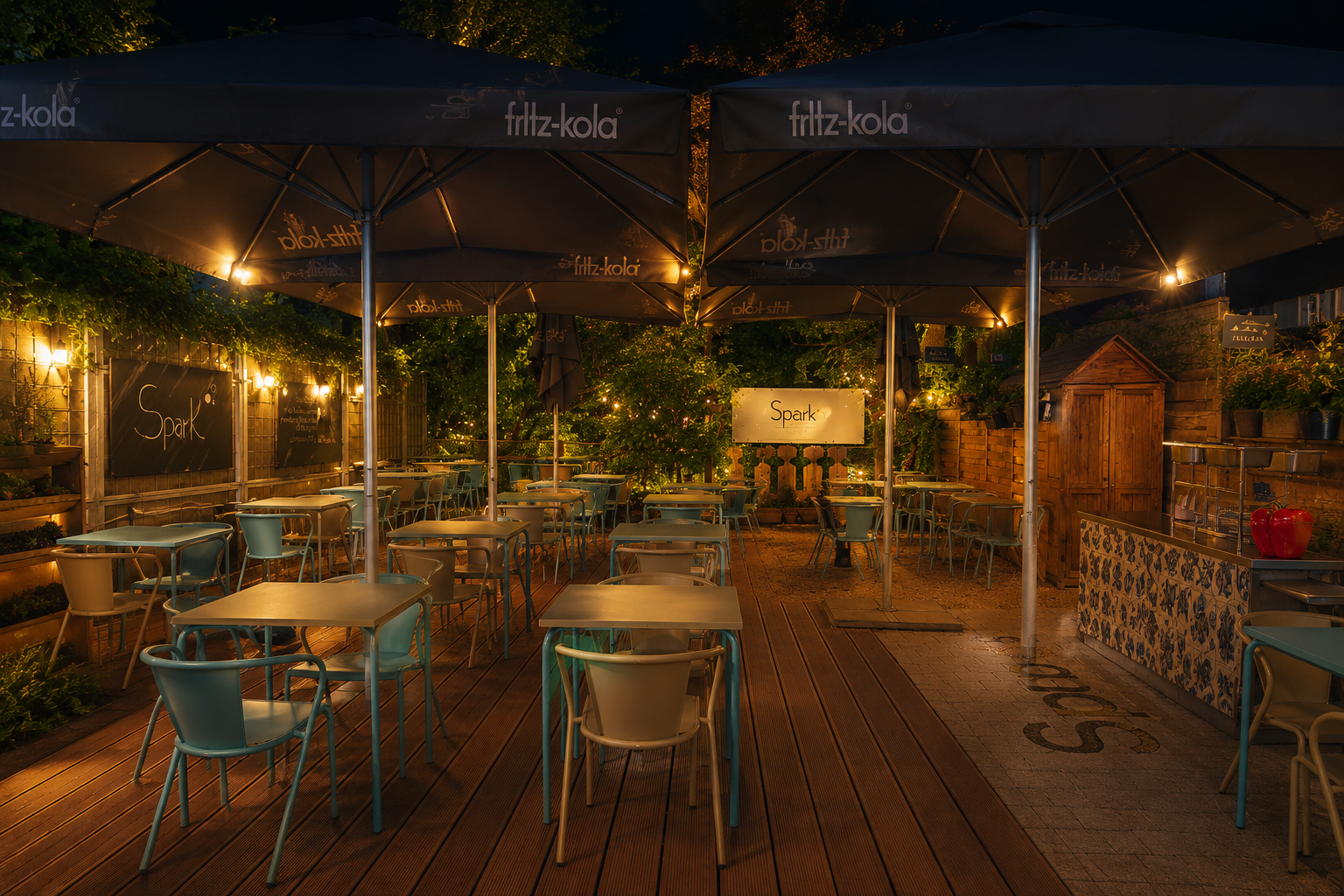 Spark Terrasse bei Nacht — warme Lichter, Azulejo-Fliesen und Bistrostühle unter Sonnenschirmen